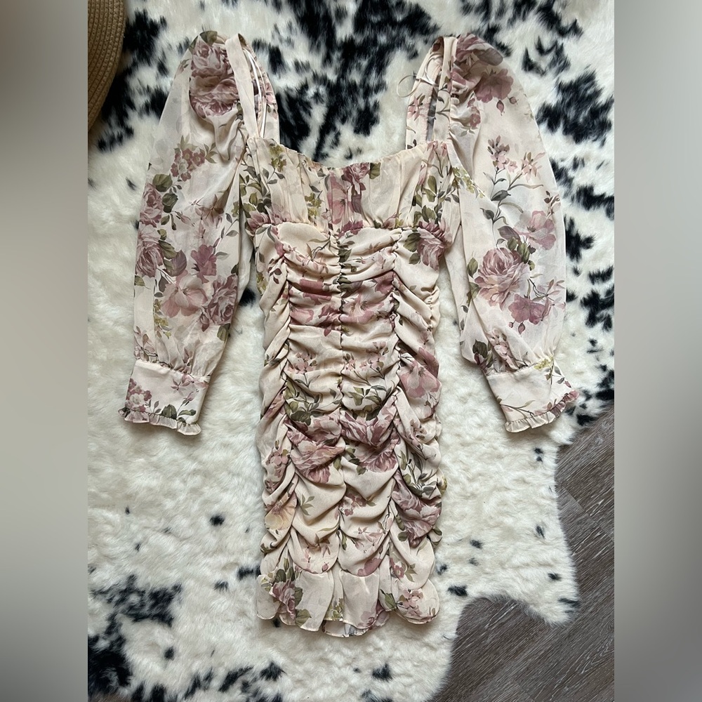 ZARA Ruched Floral Mini Dress